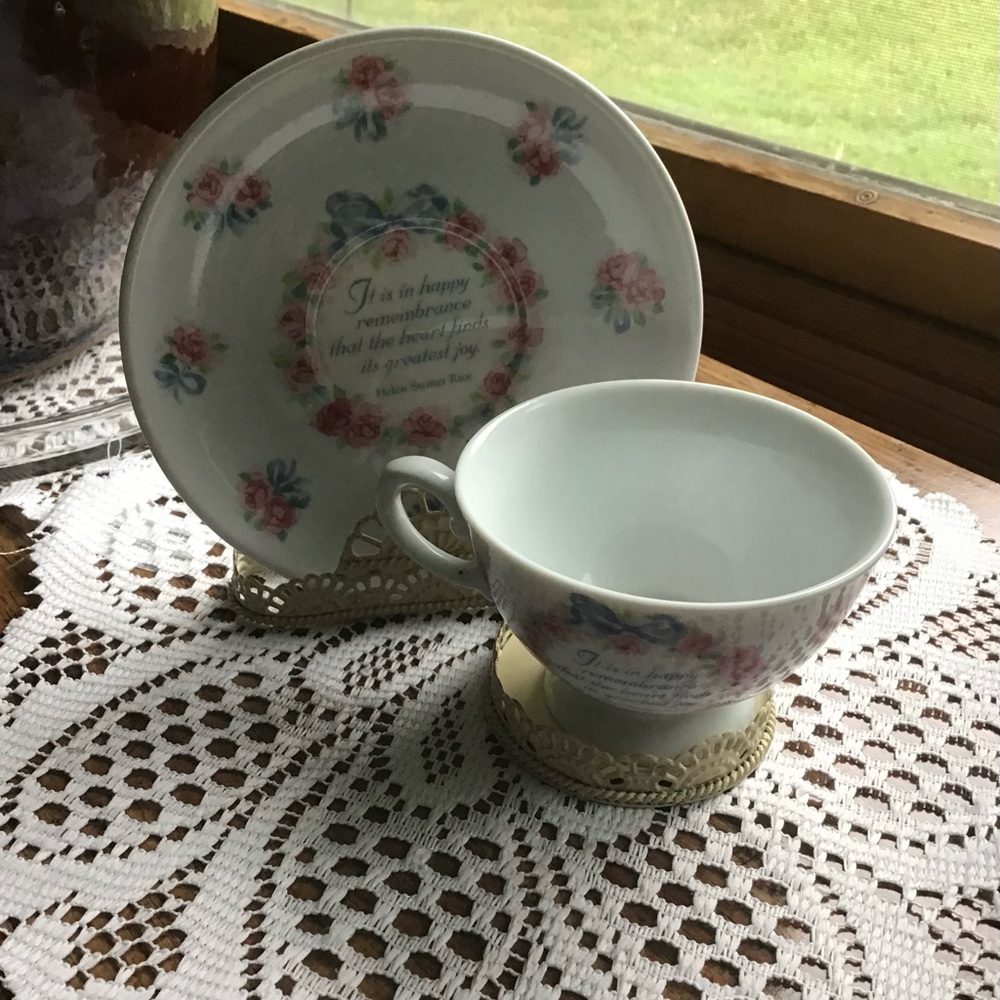 Vintage Floral Porcelain Teacup & Saucer with Quote